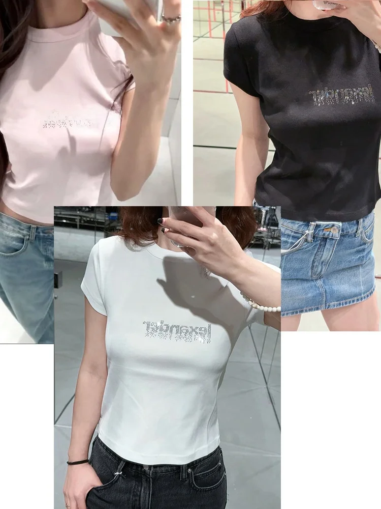 

Женская облегающая футболка Slim Fit с коротким рукавом, сексуальная, с принтом из страз и букв, хлопковая, летняя, новинка, с круглым вырезом