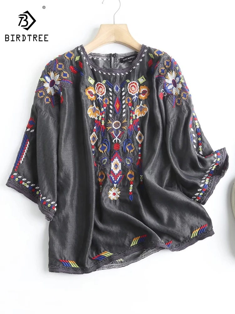 

New 2025 Summer Half Sleeve Tence Denim Shirt, Women O Neck Embroidery, Mori Girl Vintage Commute Casual Loose Blouse T55071CC