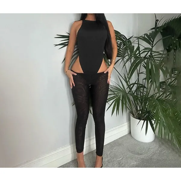 

Sexy 2 Piece Set Women Streetwear Summer 2025 New Fashion Solid O-Neck Sleeveless Bodysuits+Skinny Mesh Long Pants Suits Y2k