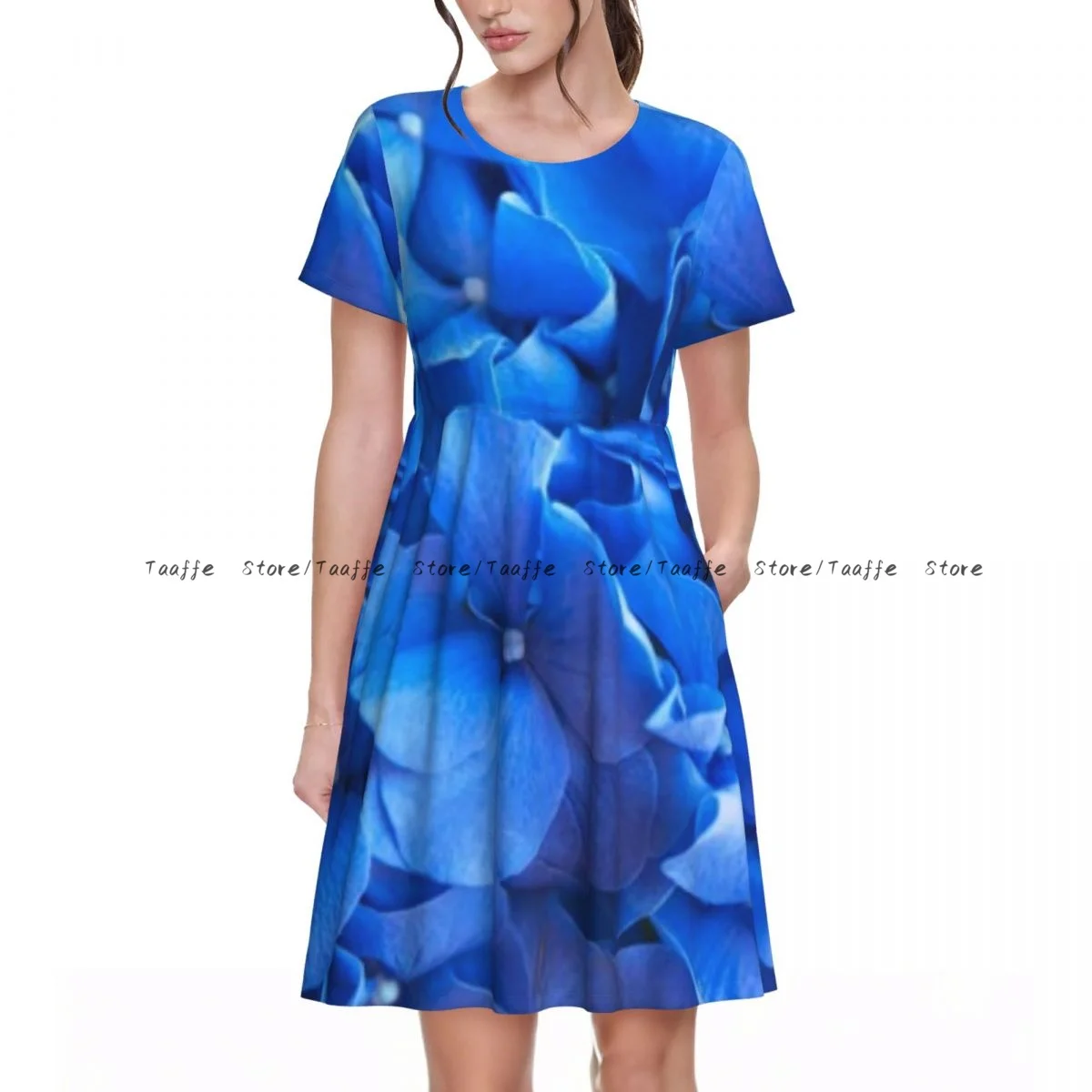 ผู้หญิงชุดลําลองหรูหราดอกไม้ไฮเดรนเยียสีฟ้าแขนสั้นชุดหลวมวันหยุดวันหยุดสุดสัปดาห์