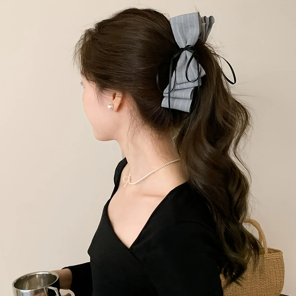 

1 pack Korean Gray bow ribbon banana clip hair accessories high-end temperament fabric large grab clip ponytail clip headgear
