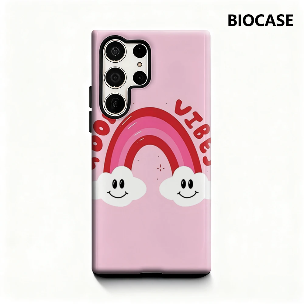 حافظة هاتف Good Vibes Rainbow لهاتف سامسونج جالاكسي S25 Ultra S24 S23 Ultra Plus غطاء خلفي لامع بطبقة مزدوجة