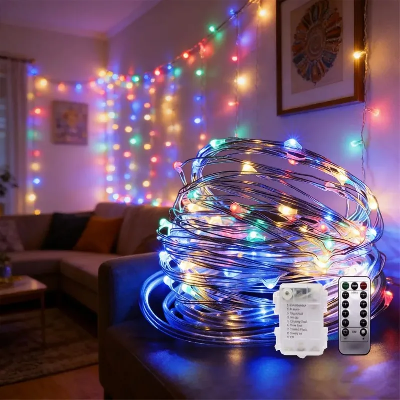 

Battery Powered Copper Wire Silver Wire LED String Lights Lighting With 8 Modes Remote Wedding Room Outdoor Decoration