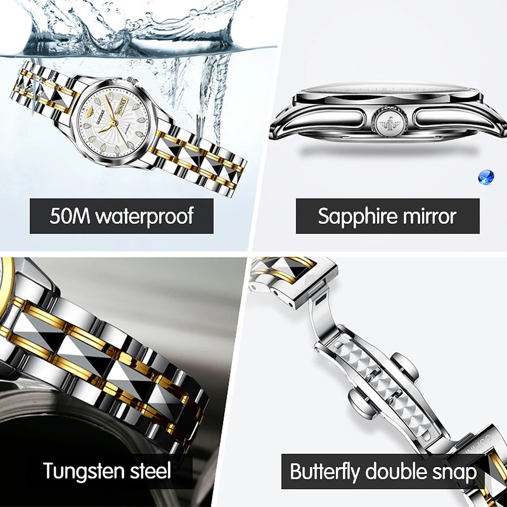 OUPINKE Diamond Automatic Mechanical Watch for Women Tungsten Steel 5Bar Waterproof Dual Calendar Top Luxury Original Wristwatch