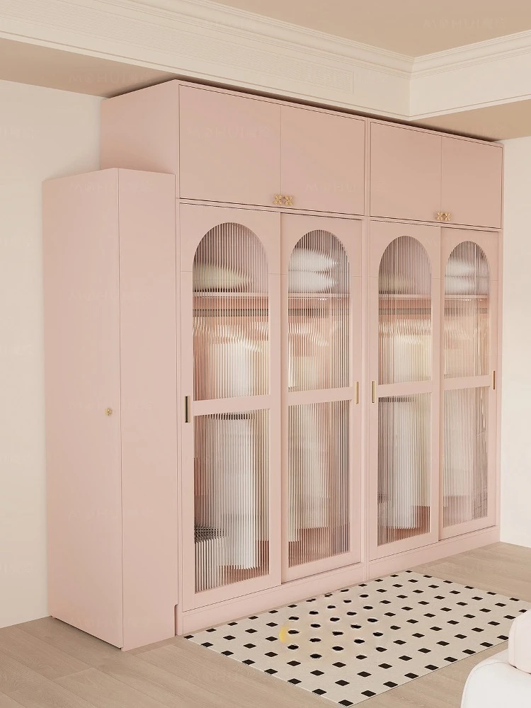 

French cream style wardrobe bedroom cloakroom to top clothing storage cabinet solid wood high cabinet pink hanging wardrobe