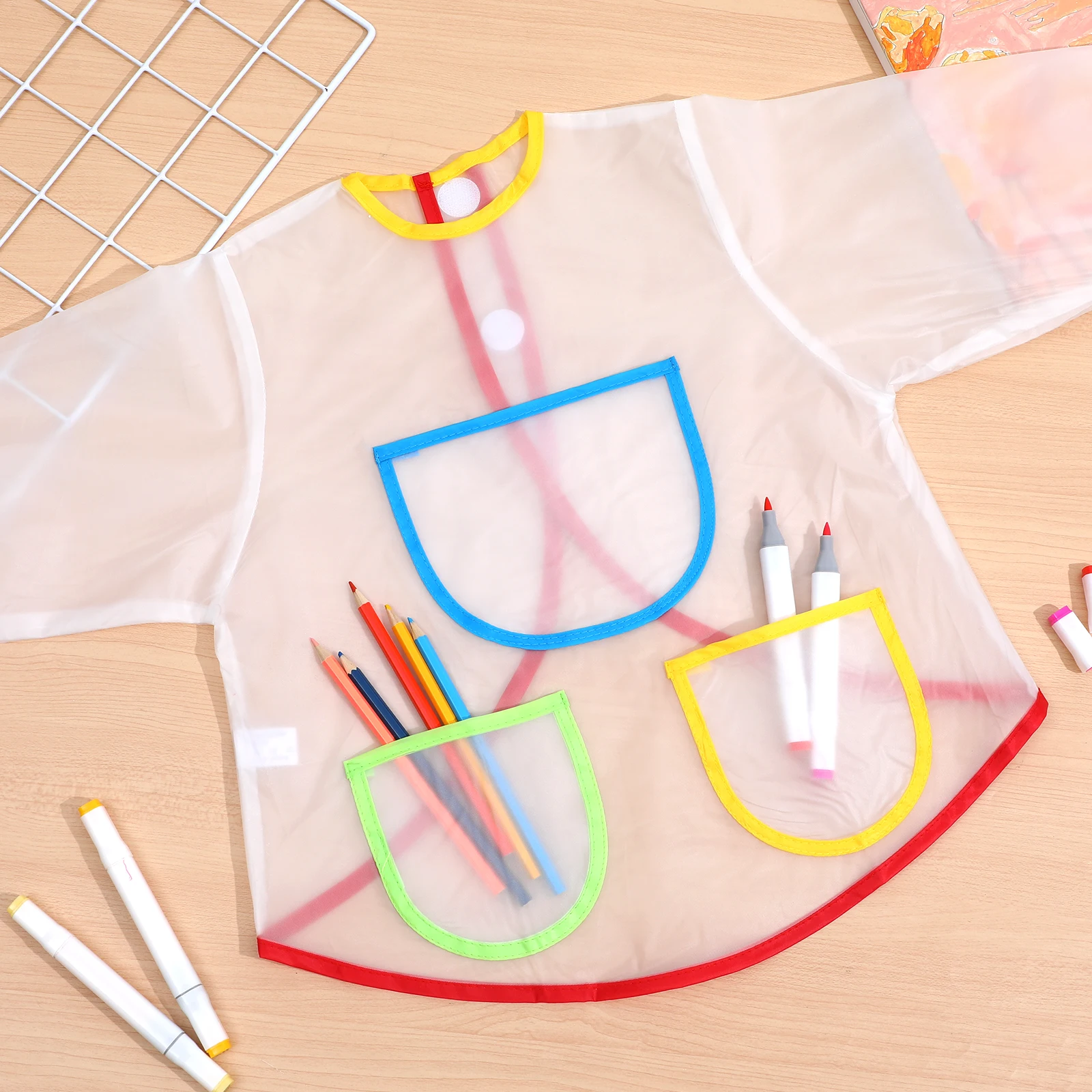 

Long Sleeve Children Painting Apron Waterproof Smock Large Pockets Water Pen Paint Snacks Towels Oil Protection Adjustable