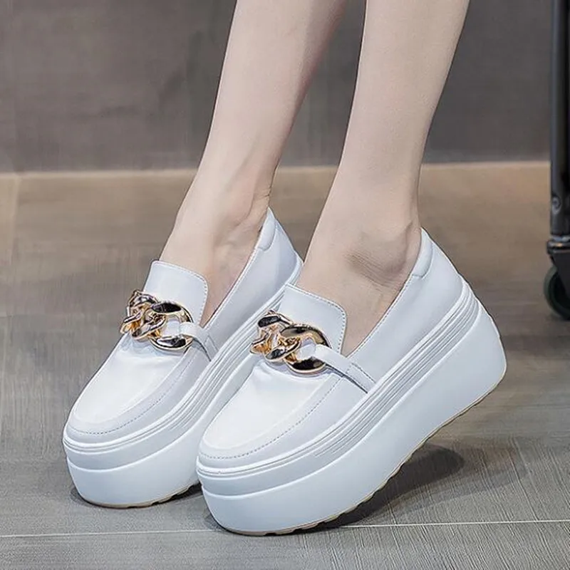 8CM Genuine Leather Fashion Sneakers Walking Height Increasing Loafers Ladies Casual Platform Wedge Hot Sale Women Slip on Shoes
