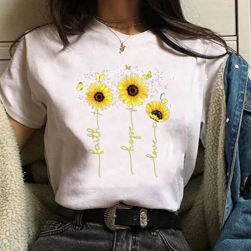 Women's New Fashion Hope Love Faith Sunflower Pattern Printed T-Shirt Women's Outdoor Street Cool Round Neck Short Sleeve Shirt