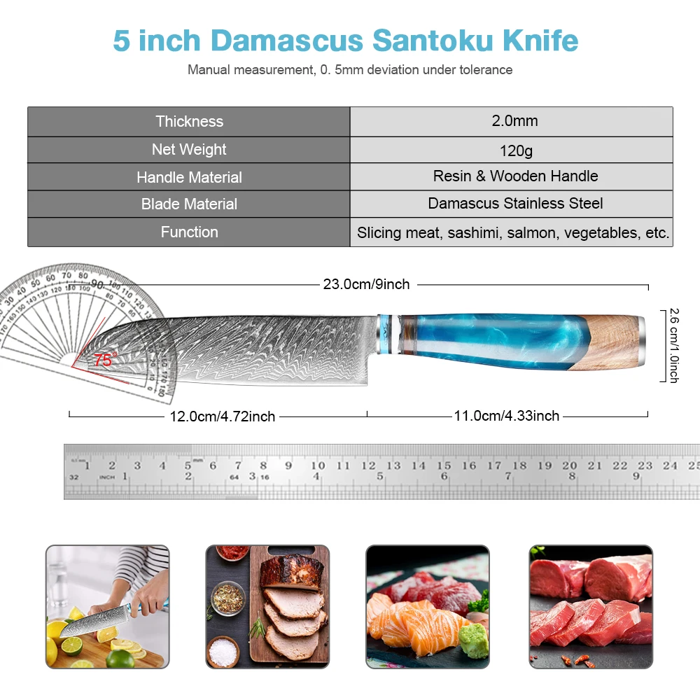 Damascus Steel 5 Inch Santoku Knife Japanese Kitchen Knife Sharp Paring Knife Utility Knife Blue Resin & Wooden Handle