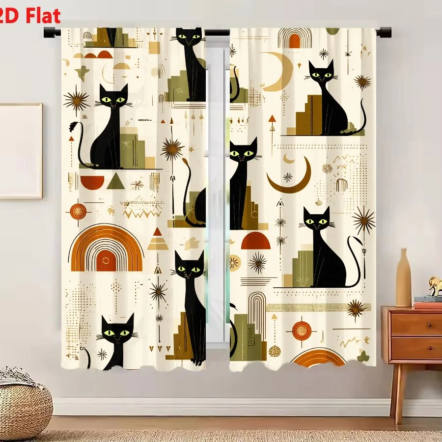 2Pcs Curtains Add 2D Flat Retro Black Cat Pattern Mid Century Modern Geometric Cats On Buildings Moon Stars Mustard Yellow Terra