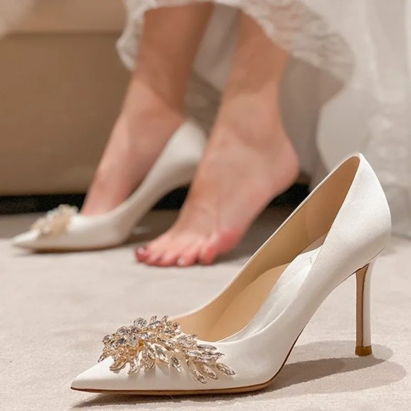

White Silk Rhinestone Crystal High Heels Pointed Toe Thin Heel Shallow Mouth Women's Shoe 2026 New Women Wedding Bridal Shoes