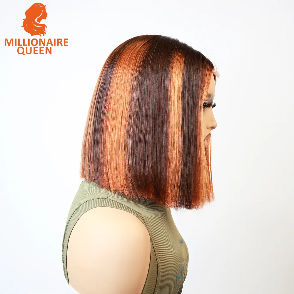 Vietname Super Double Drawn Bone Straight 2x6 Bob Wig with 100% Human Hair Orange Highlight 250% Density For Black Women