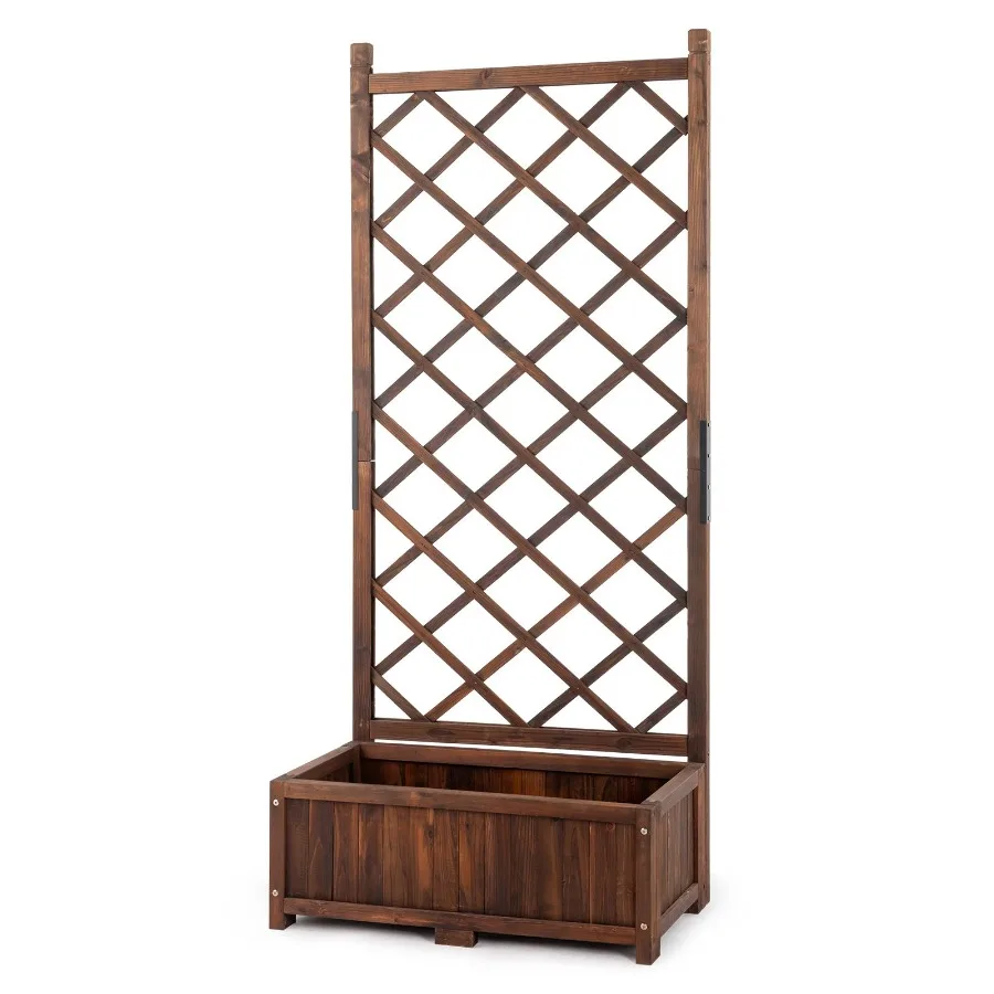 

Outdoor wood planter raised garden bed with trellis, brown, 67-inch height, lattice panels, drainage holes, for patio and porch