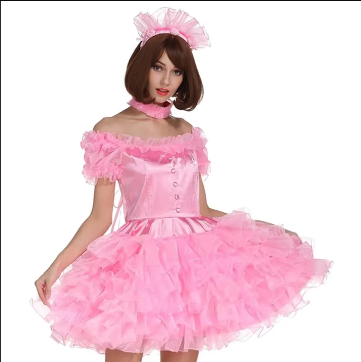 

French Sexy Adult Custom Fetishist Cross Dressing Sissy Low Necked Off Shoulder Short Sleeved Dress Fluffy Organza Skirt Hem