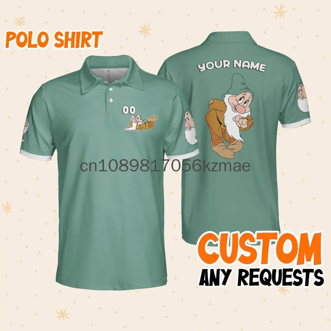 Custom Name  Summer New Disney Bashful Cyan Polo Polo Shirt Disney  Casual Fashion Short sleeved Men's Polo Shirt