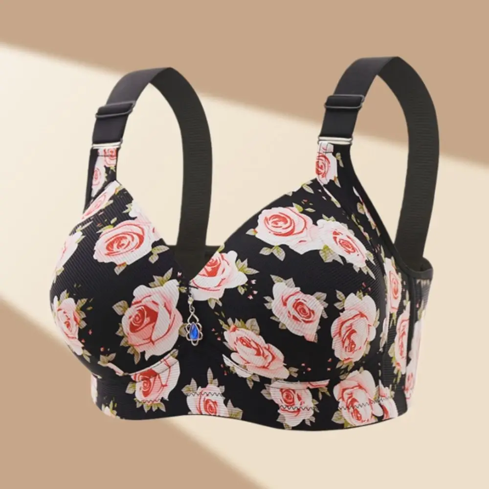 Sujetador de talla grande para madres mayores, ropa interior de encaje ajustada con estampado de rosas, lencería a prueba de golpes, sujetador inalámbrico con escote en V profundo