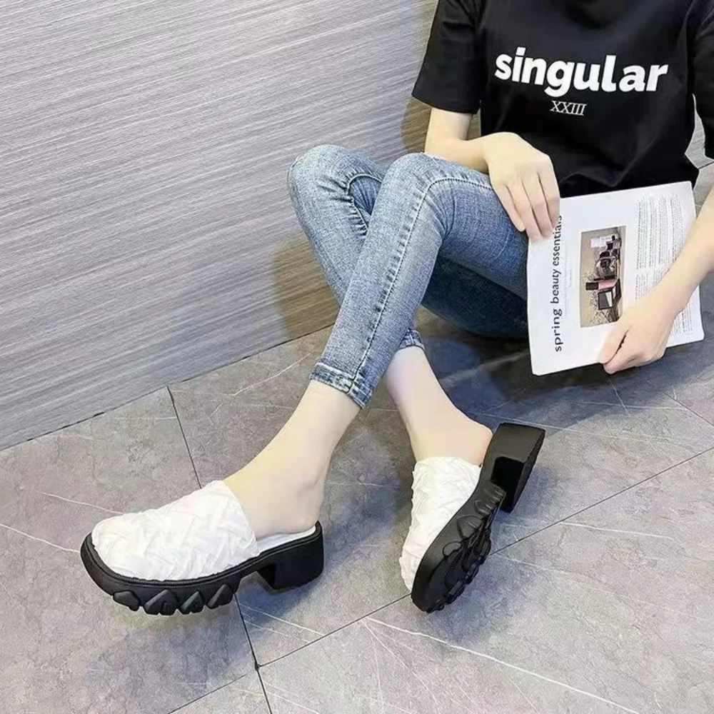 Half Slippers Spring Summer New Slippers 3CM Thick Soles High Head Women Baotou Wave Green Slides Women Home Outer Wear Shoes