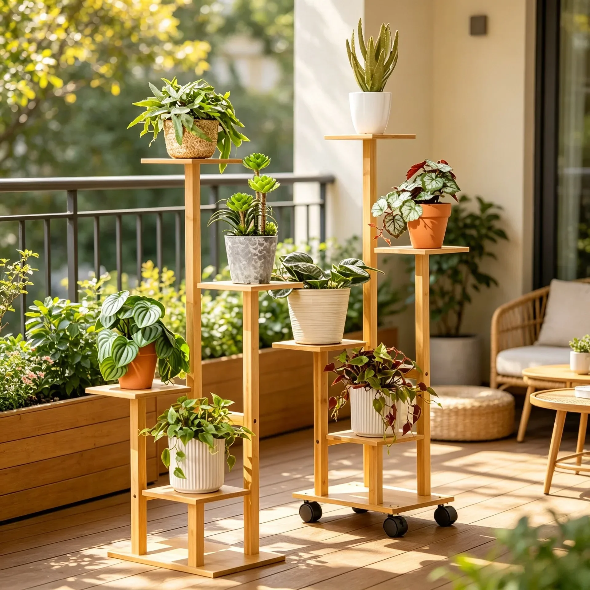 Solid wood flower stand Balcony shelf Floor to ceiling with wheels Living room floor to ceiling shelf Flower rack Large capacity