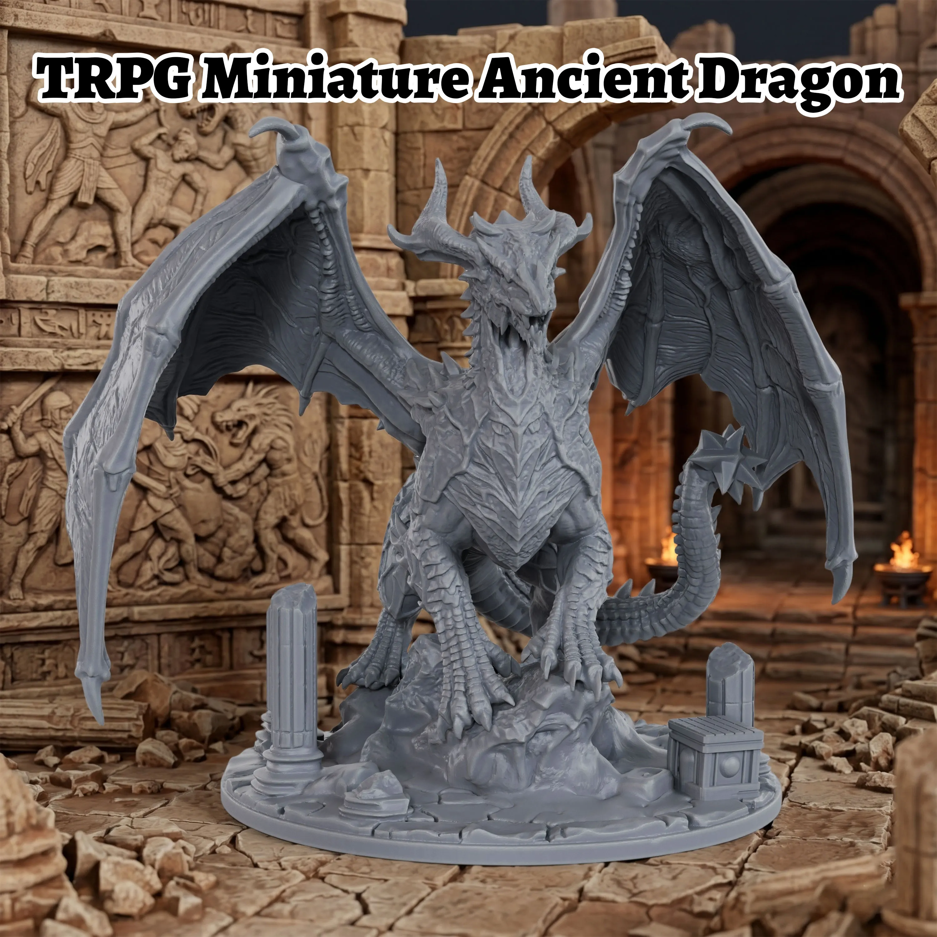 

Ancient Dragon Miniature Figure 25mm 1:64 Scale, Classic Fantasy Style Dragon Statue with Broken Ruins Base, Table RPG Ornament