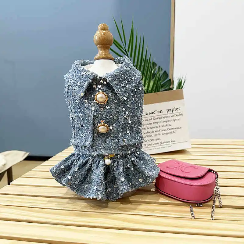

Spring And Summer Pet Fur Fluffy Skirt Cat Skirt Coat Dog Dresses for Small Dogs Puppy Clothes Cowboy Two-piece Split Dress
