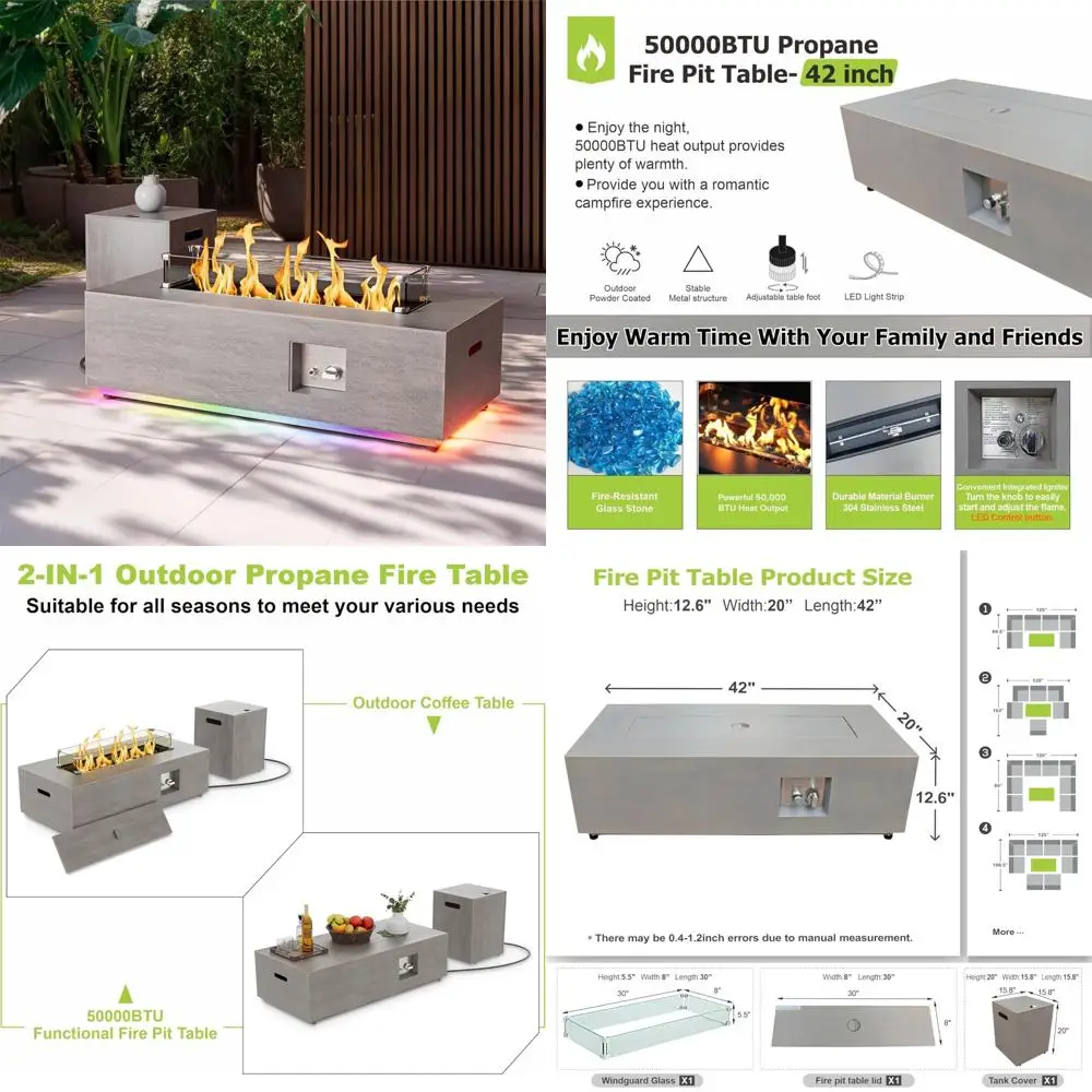 

Стол для костра на пропане со светодиодной подсветкой RGB, камин для патио на открытом воздухе мощностью 50 000 БТЕ, защита от ветра, крышкой, камнями и крышкой - высококачественный уличный стол