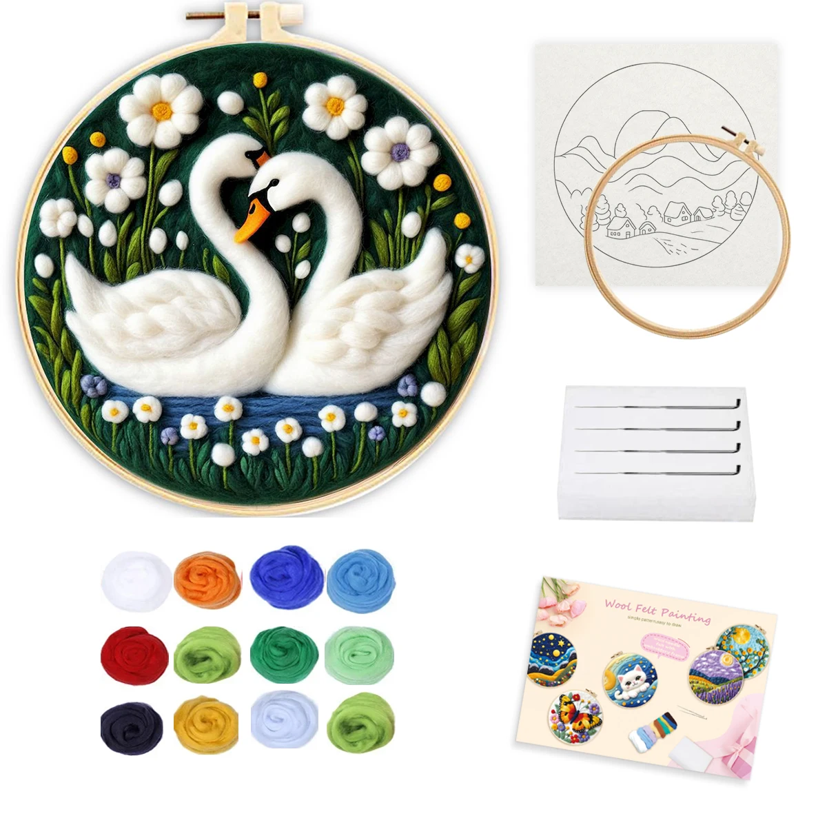 

GATYZTORY Needle Felting Painting Kits Beginners Swan Animal DIY Wool Needle Felting Kit With Embroidery Home Decors DIY Gift