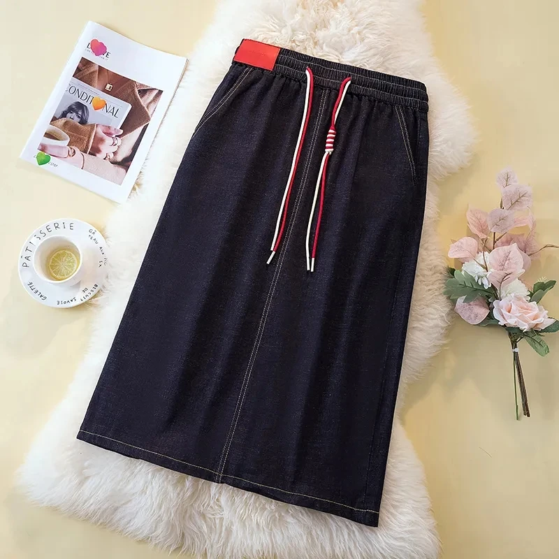 2024 New,Korean Black Denim Skirt, For Women Clothes, Spring Autumn Casual Elastic High Waisted Drawstring Slit Jeans Skirts,