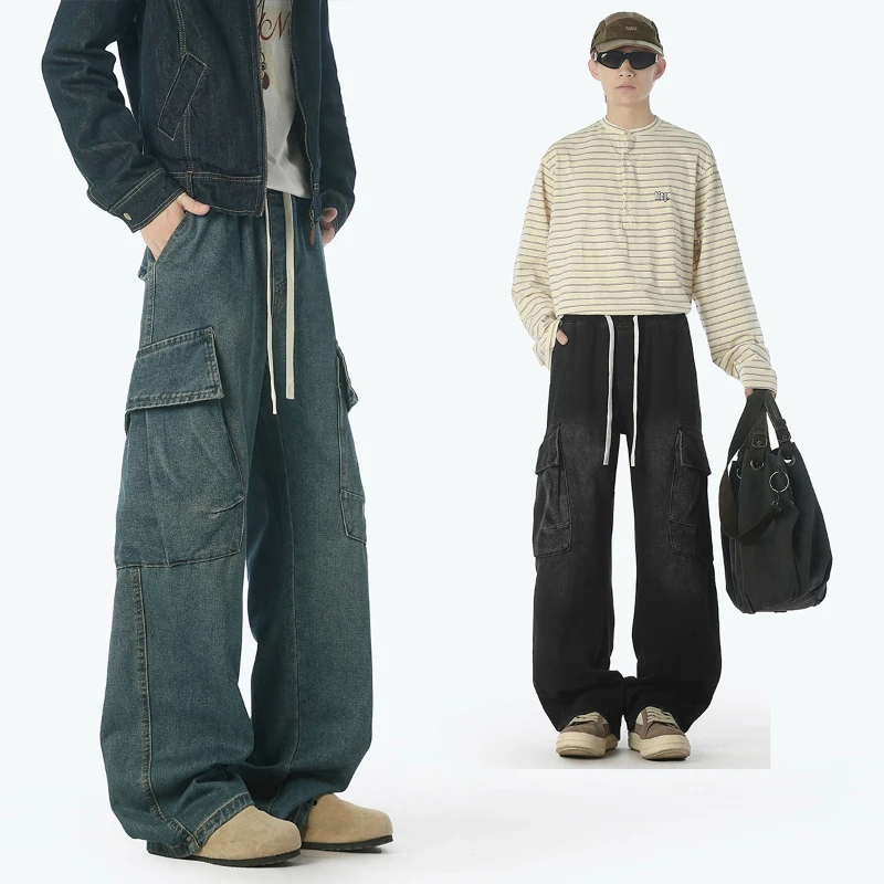 جديد ربيع خريف 2026 سراويل جينز زرقاء مغسولة للرجال سراويل واسعة الساق غير رسمية فضفاضة تناسب ملابس الشارع الشهير مع جيوب #1
