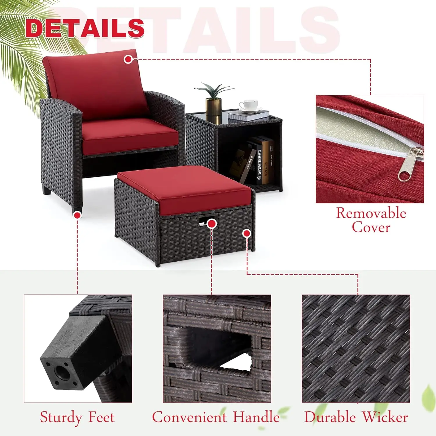 5Pcs Patio Set, Wicker Outdoor Sectional with Cushions, Includes Coffe Table and Ottomans, Furniture for Pool, Garden, Patio