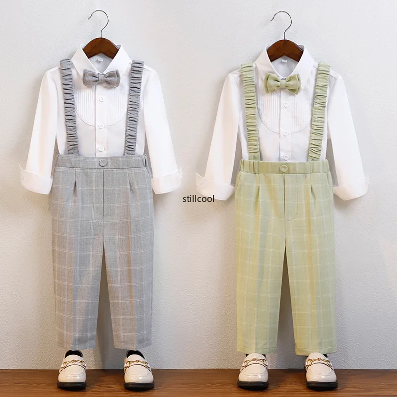 Suit for Boys Spring Summer Korean  Long-sleeved Shirt Back Trousers Outfits Formal School Kids Chorus Performance Blazer Set