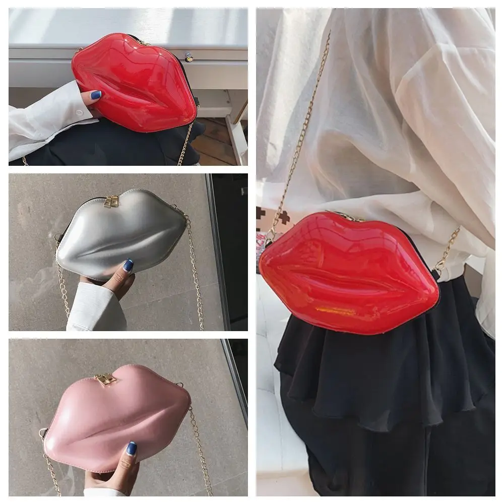 Bolso de hombro con forma de labios para mujer y niña, bandolera con cadena, Color rojo, sólido, con cremallera, regalo creativo