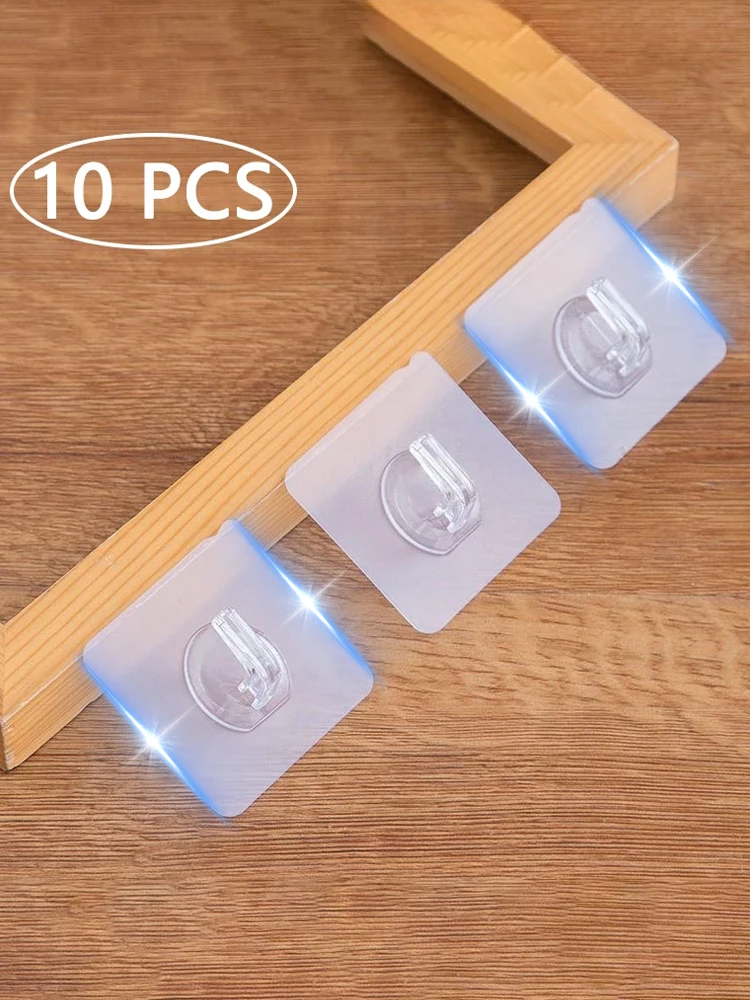 10 Pcs Transparent Self Adhesive Hooks Door Wall Mounted Hanger Hook Suction Heavy Load Rack Kitchen Bathroom Organizer Holder