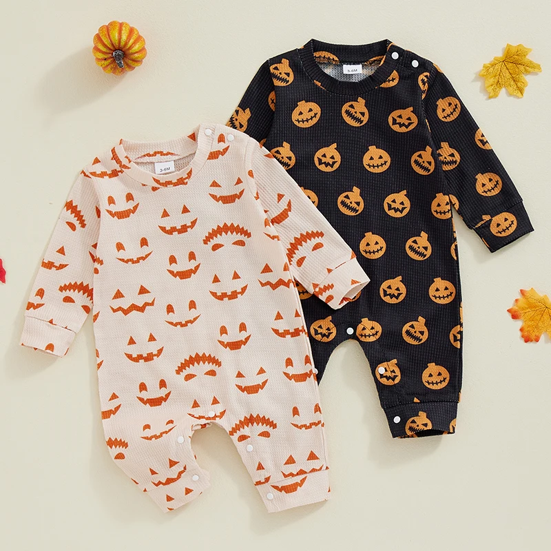 

0-24M Toddler Baby Girls Boys Halloween Romper All-over Pumpkin Print Long Sleeve Round Neck Fall Jumpsuits for Newborn Infant