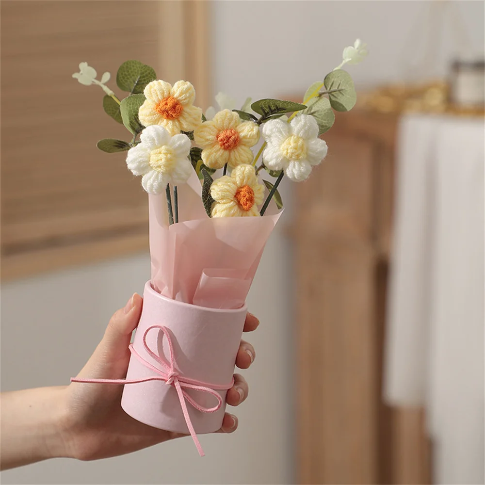 Simulation Hand-Knitted Flowers 5pcs Buckets Of Valentine'S Day Bouquets Wool Flowers Diy Handmade Ornament Gift For Girlfriend