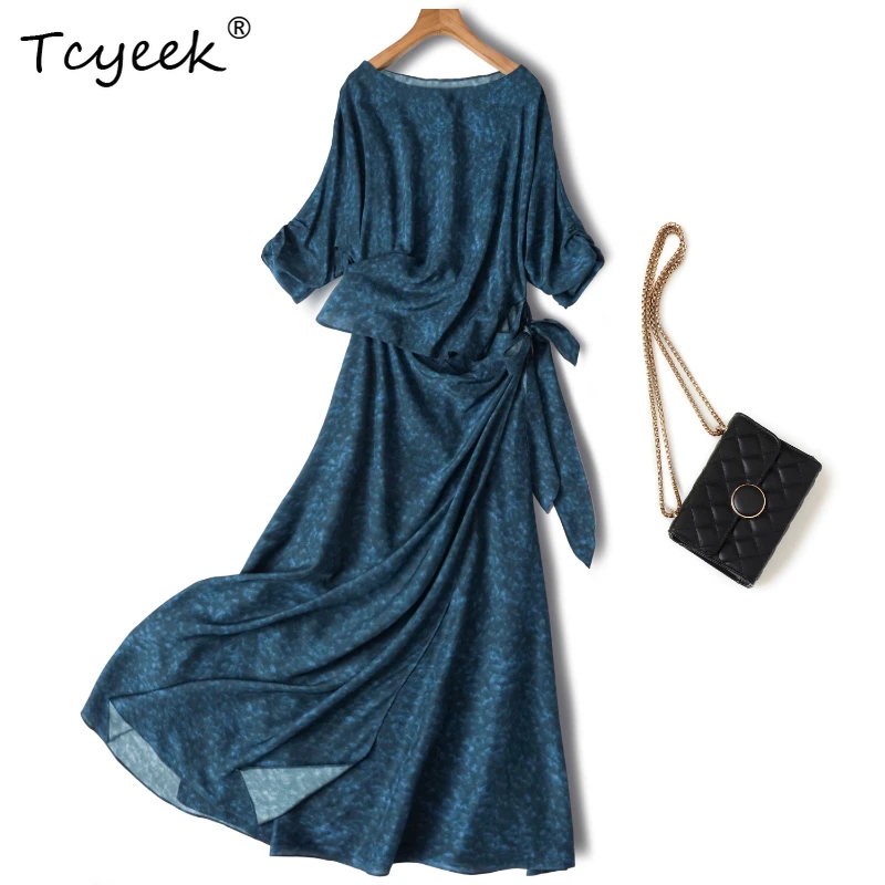 

Tcyeek 100% Mulberry Silk Summer Soft Deep Sea Blue One Necked Seven Quarter Sleeved A-line Long Woman Dresses Vestidos Mujer