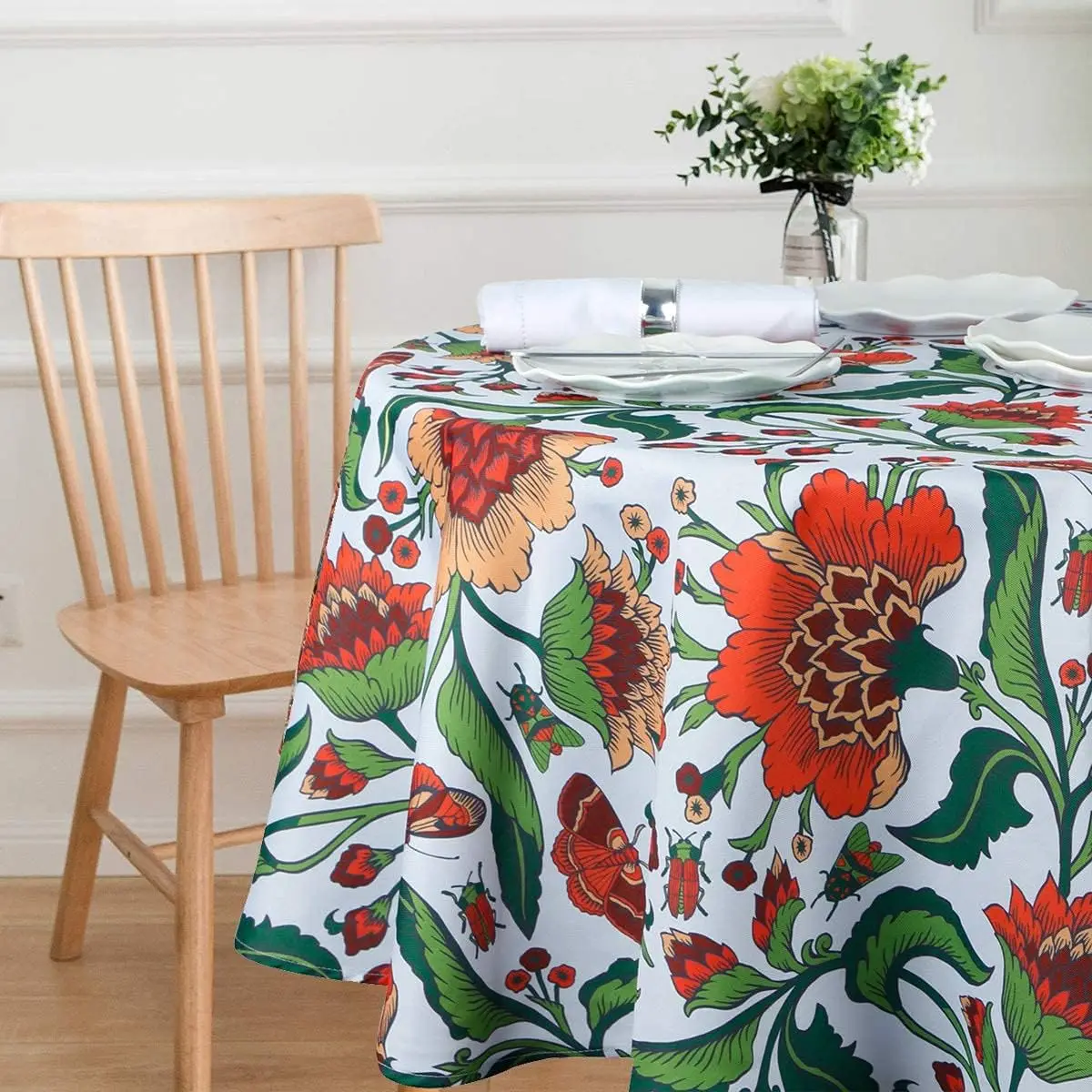 

Vintage Floral Round Tablecloth Red Flower Table Cover Home Dinner Décor Wrinkle Free Table Cover for Kitchen Dining Holiday