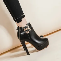 Otoño Invierno botines de mujer 12,5 cm tacón súper alto botas de cuero negro tacón grueso moda cinturón hebilla zapatos de plataforma