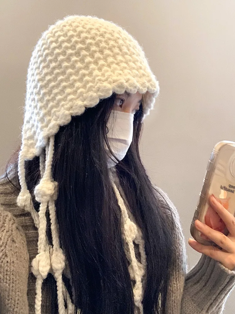 Женская кавайная шапка Новогодняя красная шапка для женщин Теплая шерстяная шапка с кисточками Милая и милая пуловерная шапка Ручная вязаная шапка для защиты ушей