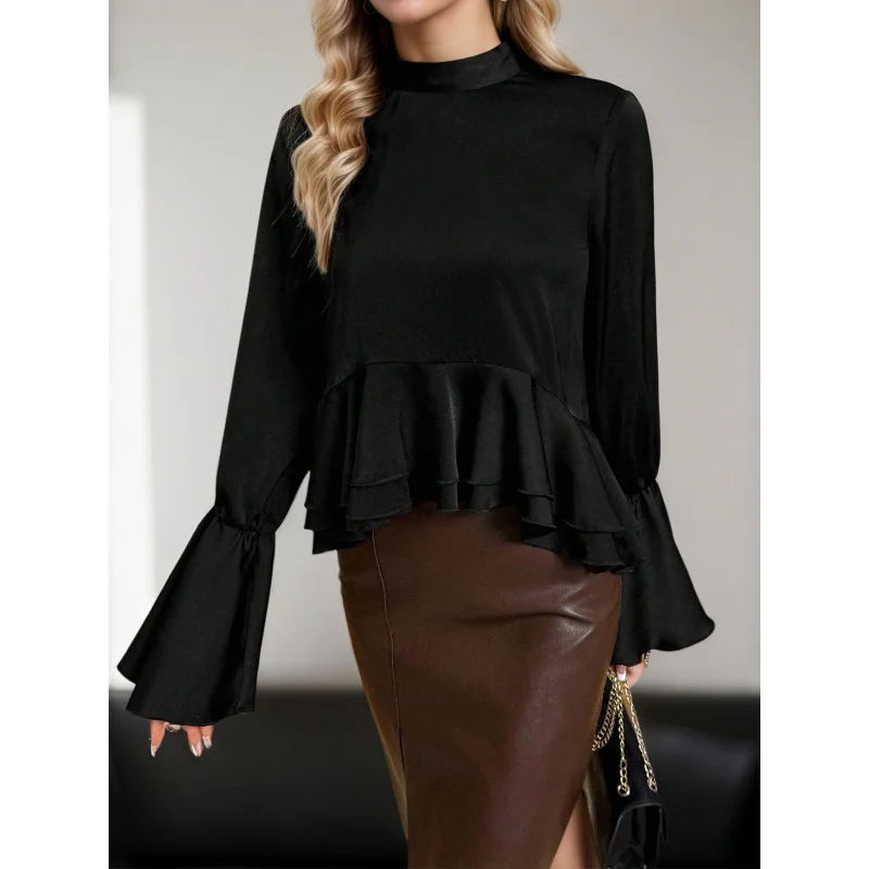 

YQ1-Women's New Autumn Winter Elegant Commuter Ruffled Shirt Flared Sleeve Bow Satin Blouse