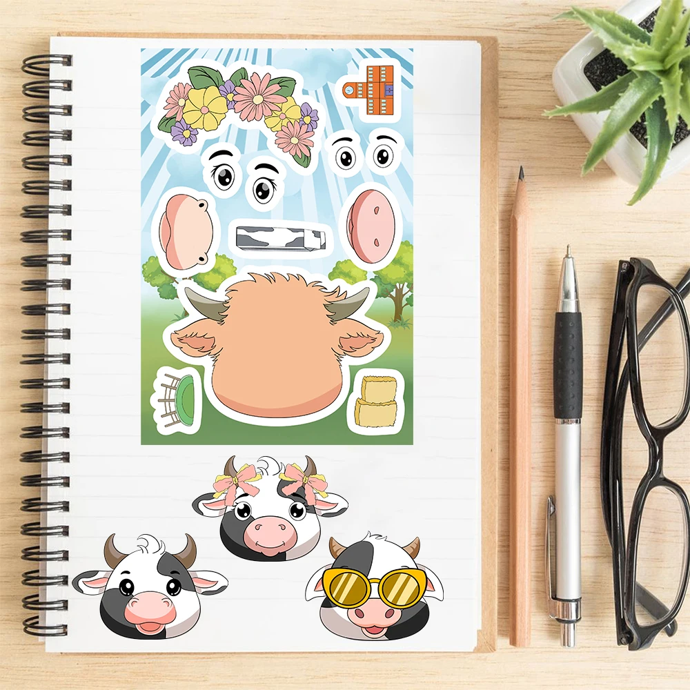 8PCS Cartoon Little Cow Face Changing Sticker Cartoon Graffiti Laptop Phone Skateboard Motorcycle Bicycle Stationery Sticker