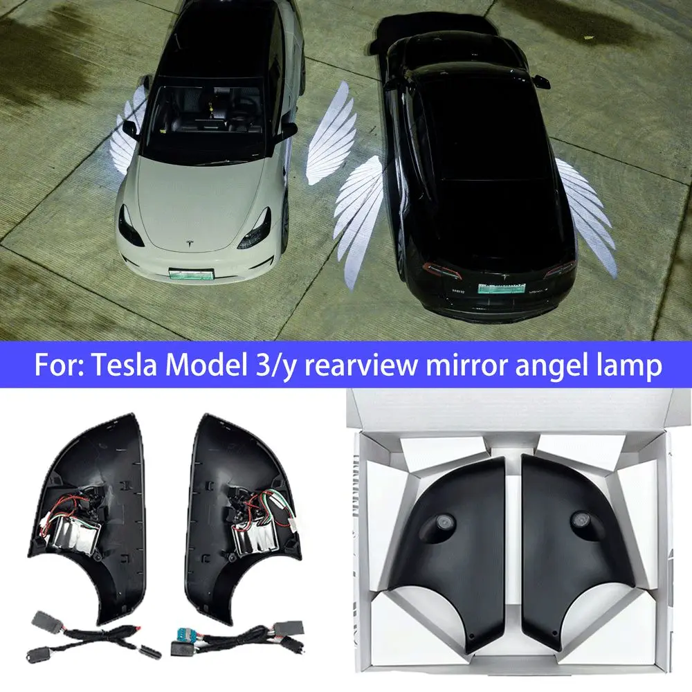 Car Angel Wings Welcome Light for Tesla Mode Y 3 Car Rearview LED Courtesy Shadow Projector Lamp Light Cars Accessories