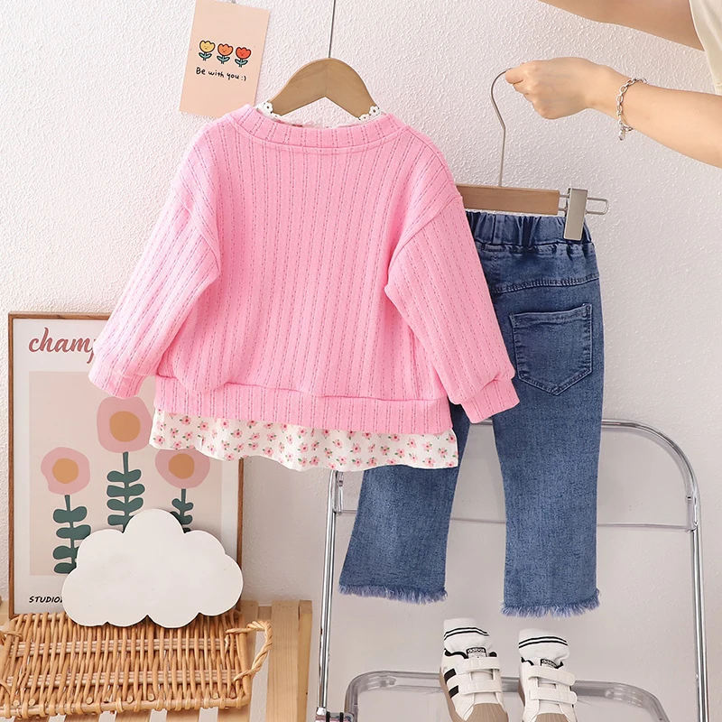 Baby Girls Coats Floral Shirt Bow Jeans 3 Pcs Suit Autumn Children Clothing Sets Princess Clothes Infant Outfits Kids Tracksuit