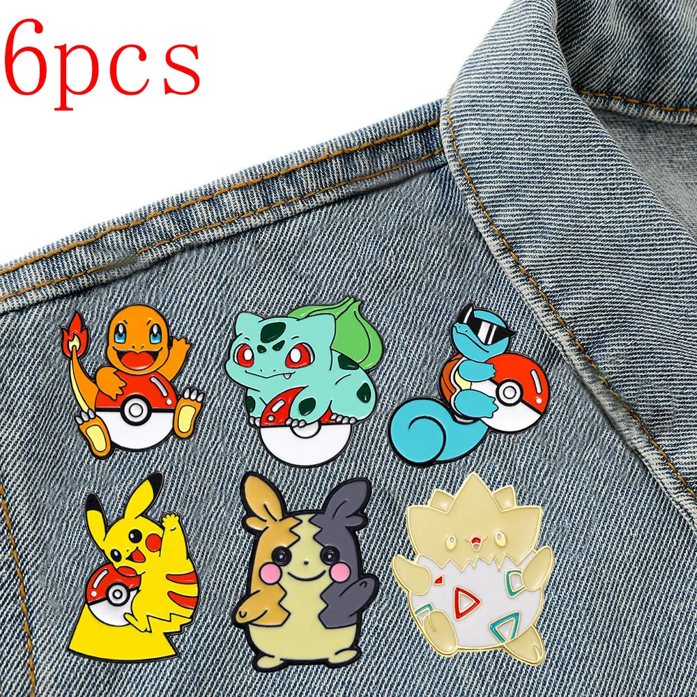 6styles/set Pokemon Cartoon Brooch Pikachu Charmander Cute Lapel Pin Clothes Collar Backpack Badge Accessories Decoration Gifts