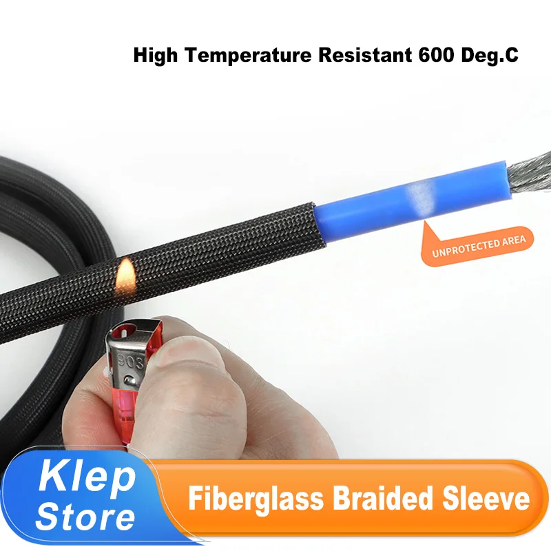 1/2/5m High Temperature Resistant 600 Deg.C Black Fiberglass Braided Cable Sleeve Flame Retardant Fiber Glass Insulated Sleeving
