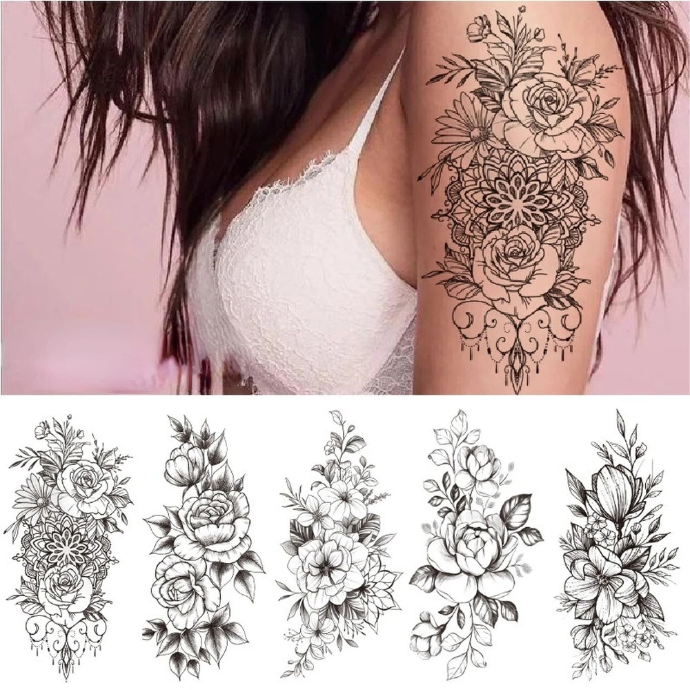 

Waterproof Temporary Tattoo Stickers Black and White Sketch Flower Tatto Stickers Body Makeup Cover Scar fake tatoo for woman