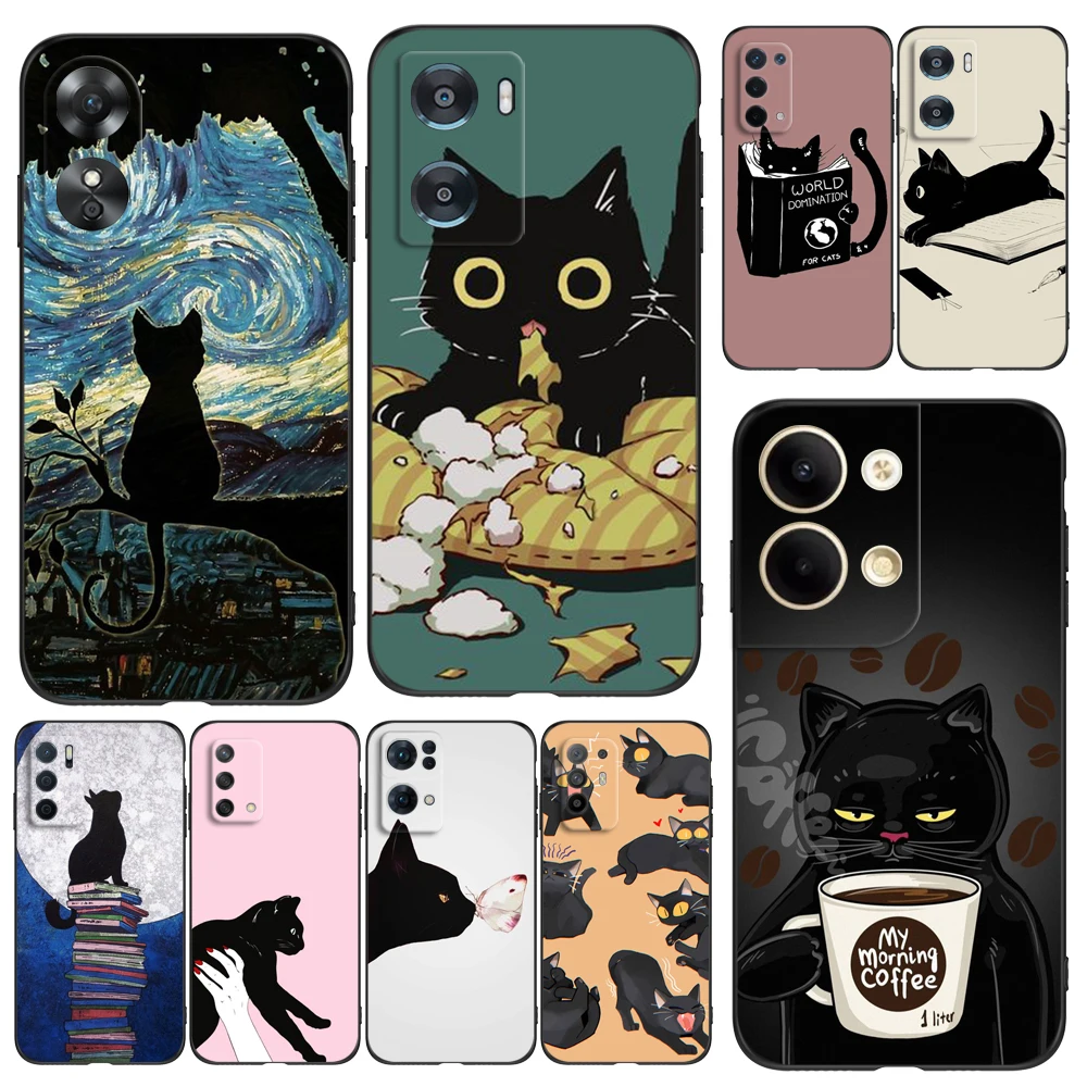 Black Tpu Case For OPPO A17 A17K A57 A57E A57S A77 A77S 2022 4G 5G Cartoon Black Cat