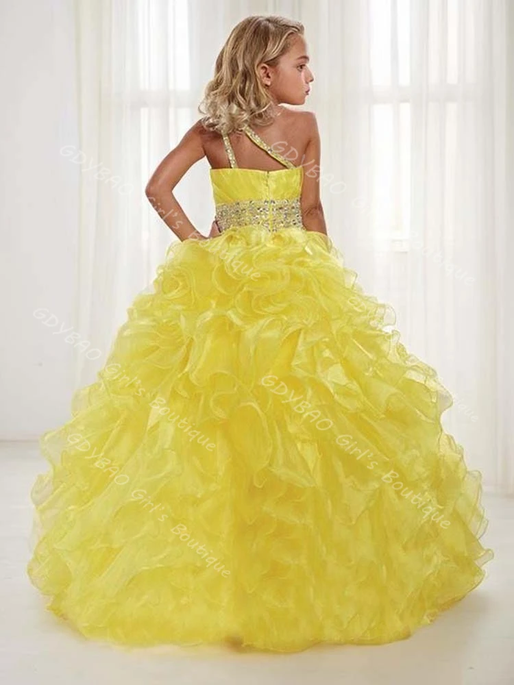Vestido de desfile amarillo para niñas, vestido de princesa de Organza escalonado con un hombro de cristal, vestido de flores para boda, ropa personalizada para niños