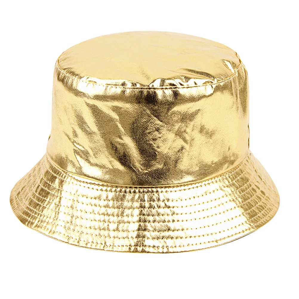 

Silver Gold Fisherman Hat Bucket Sun Portable Double Sided Cotton UV Protection Wide Brim Outdoor Beach Vacation