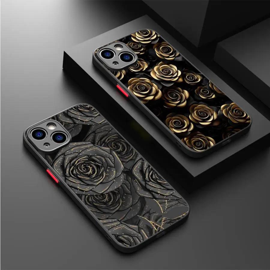 

Flower Gold Case For Apple iPhone 15 16 11 14 13 12 Pro 7 XR X XS Max 8 Plus 6 6S SE 2022 15Pro Black Matte Phone Funda