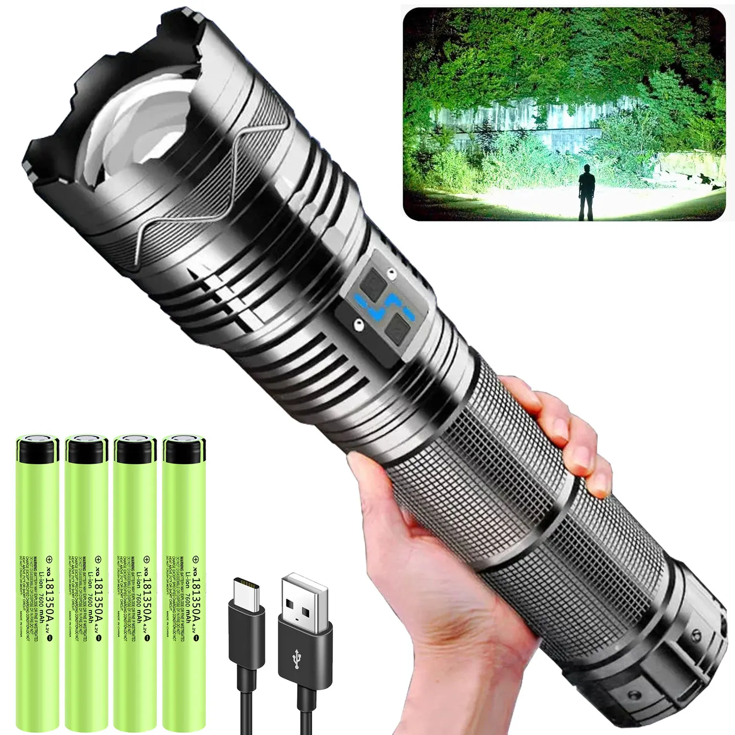 10000LM Super Bright GT60 LED Search Lights Telescopic Zoom Waterproof Rechargeable Flashlight 5 Light Modes Power Bank Function